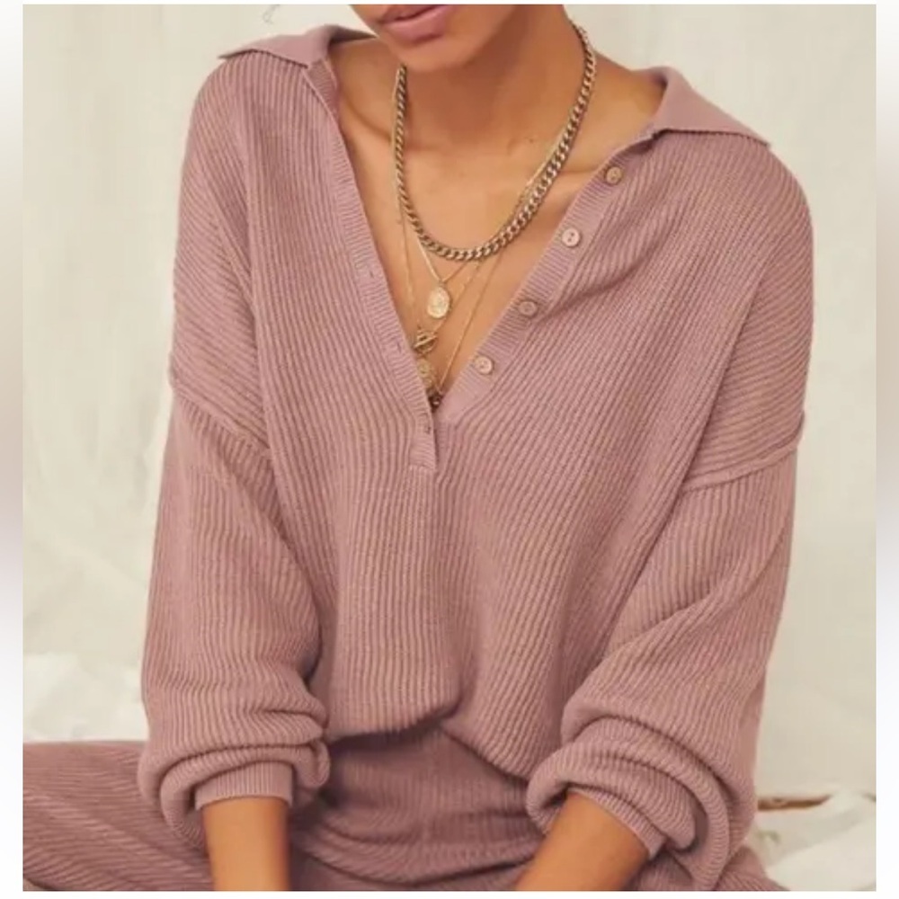 Free People Dusty Rose Ribbed Knit Henley Top